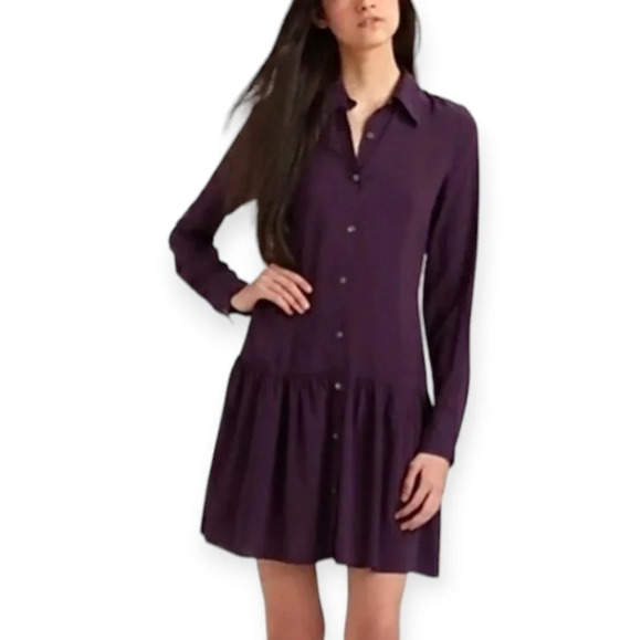 Theory Failly Rove Pleated Drop Waist Long Sleeve Purple Button Shirt Dress 2 - Picture 16 of 16